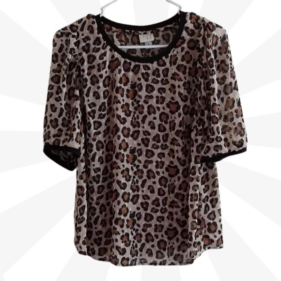 a.n.d ea wy Animal Print Puff Sleeve Round Neck Polyester Sheer Top Size Small - Picture 1 of 10